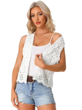 Allegra K- Floral Crochet Hollow Out Open Front Vest