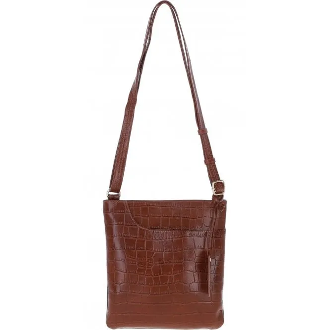 Ashwood Curve  Zip Top Leather Cross Body Bag Cognac/Croc: CURVE