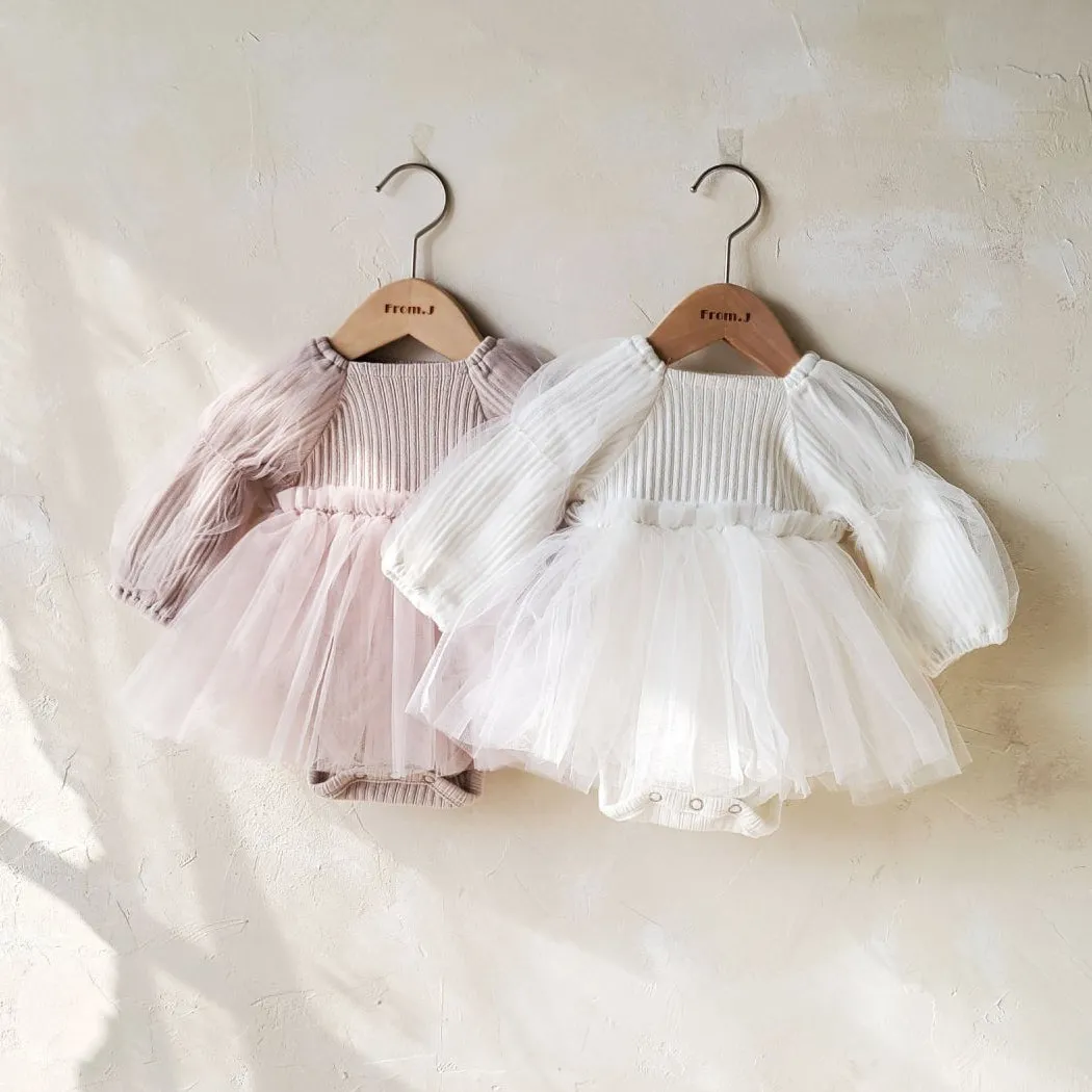 Baby Puff Sleeve Tutu Dress Romper (3-18m) - Cream