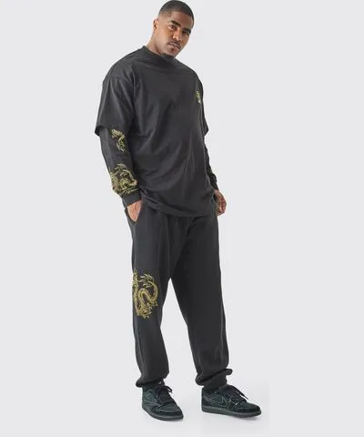 boohooMAN Mens Plus Oversized Dragon Faux Layer T-shirt Tracksuit