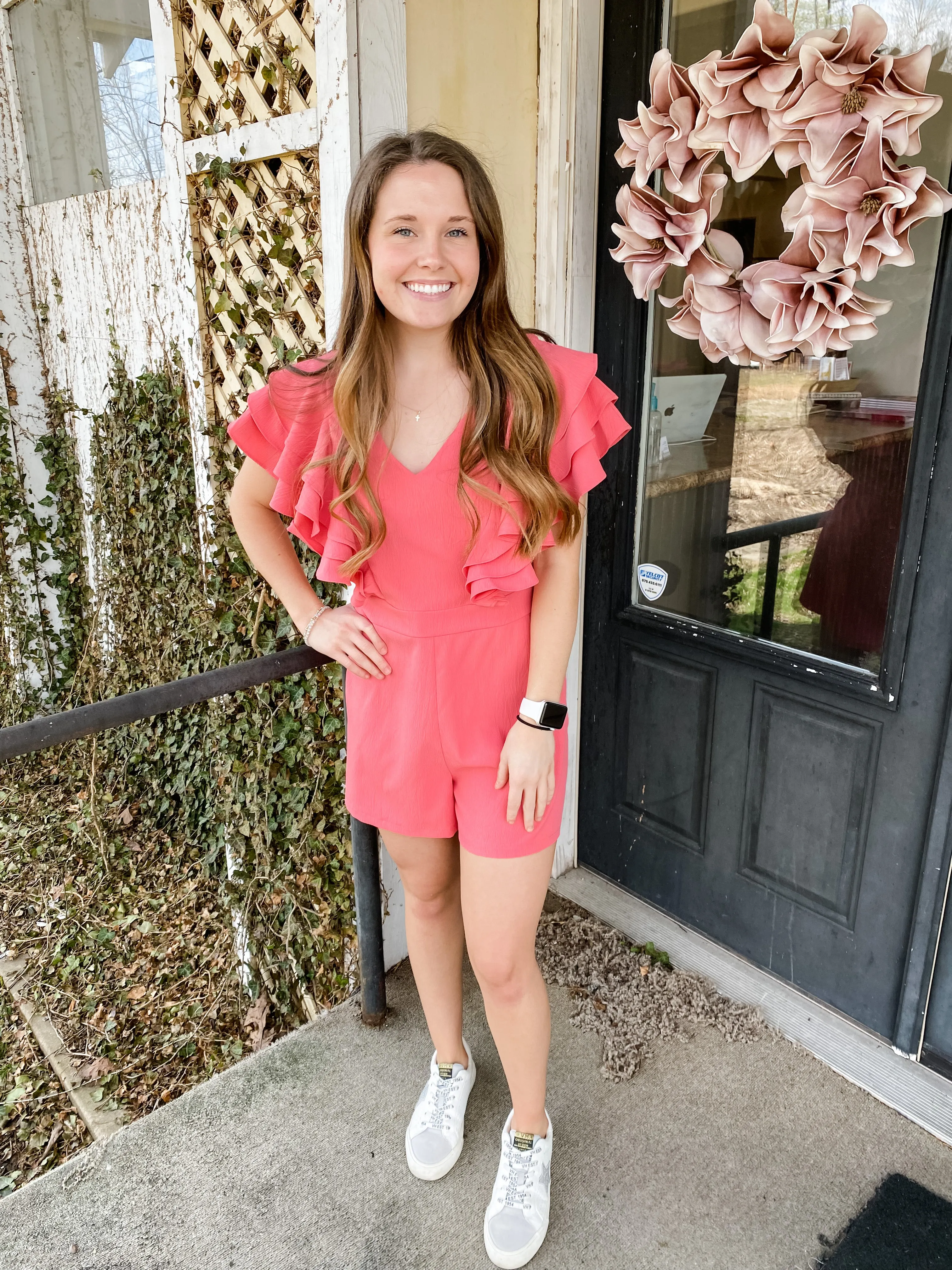 Coral Ruffle Romper