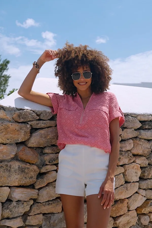 Coral Zip Front Utility Tunic Top