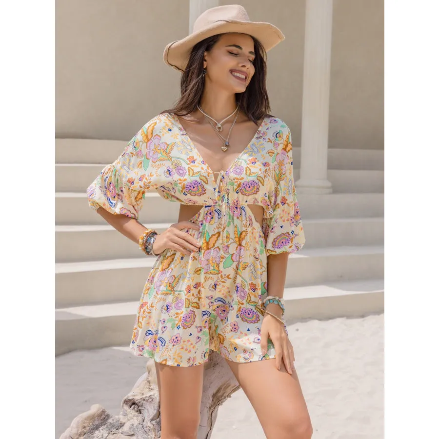 Cutout Printed Half Sleeve Romper