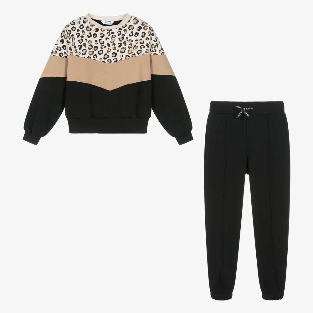 Girls Black & Beige Leopard Print Tracksuit