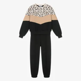 Girls Black & Beige Leopard Print Tracksuit