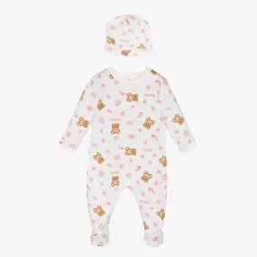 Girls White Bear Babygrow & Hat Set