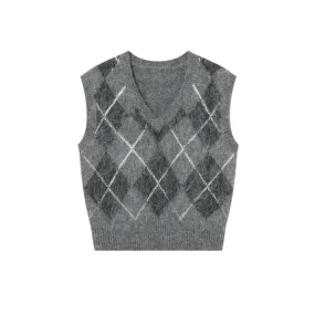 Grey Diamond Pattern Short Vest-