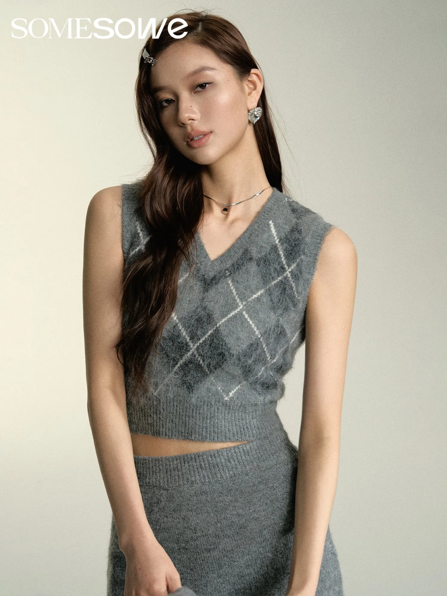 Grey Diamond Pattern Short Vest-