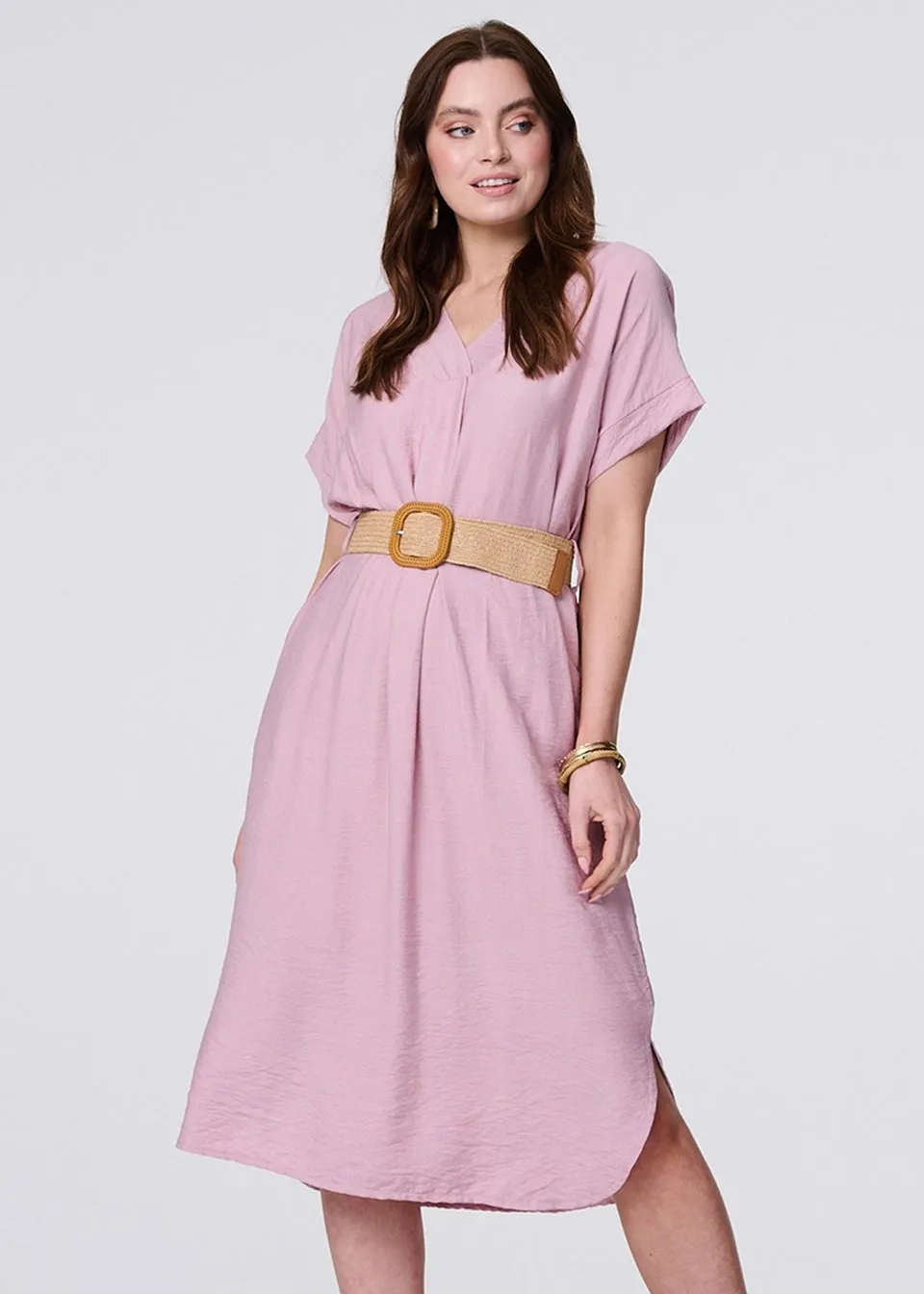 Izabel London Pink V-Neck Short Sleeve Belted Tunic Dress