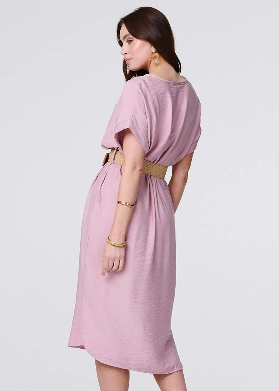 Izabel London Pink V-Neck Short Sleeve Belted Tunic Dress