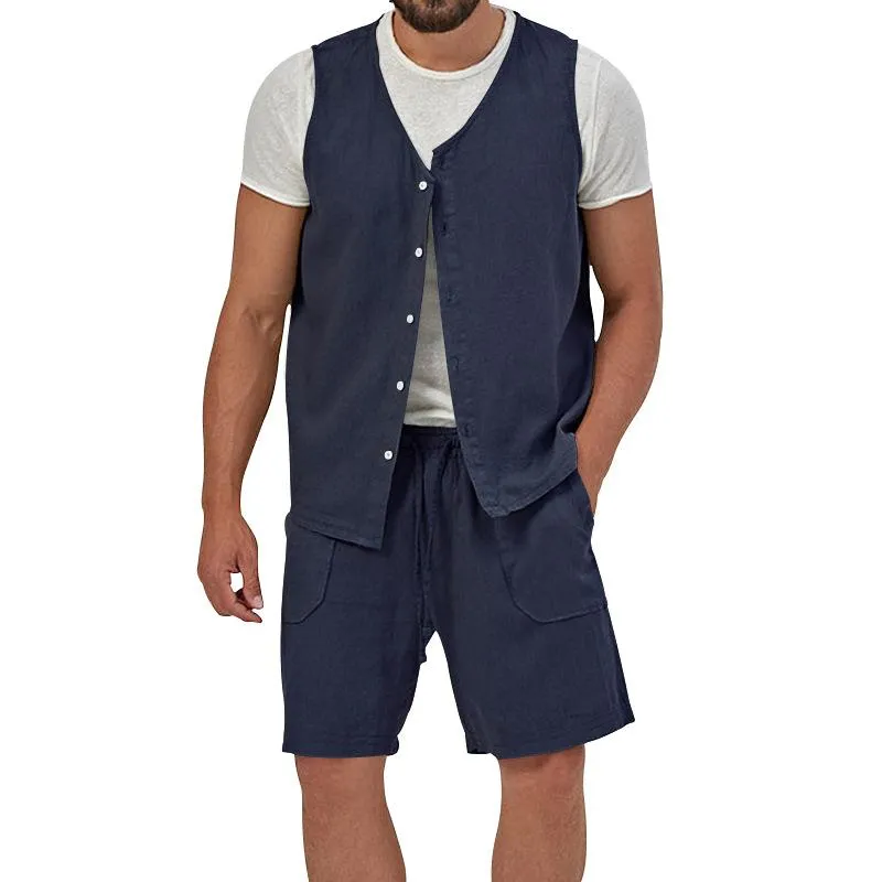 Men's Casual Loose Solid Color Sleeveless Vest Shorts Set 61445702X