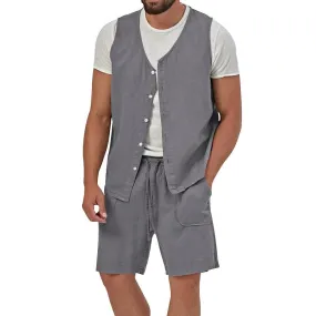 Men's Casual Loose Solid Color Sleeveless Vest Shorts Set 61445702X