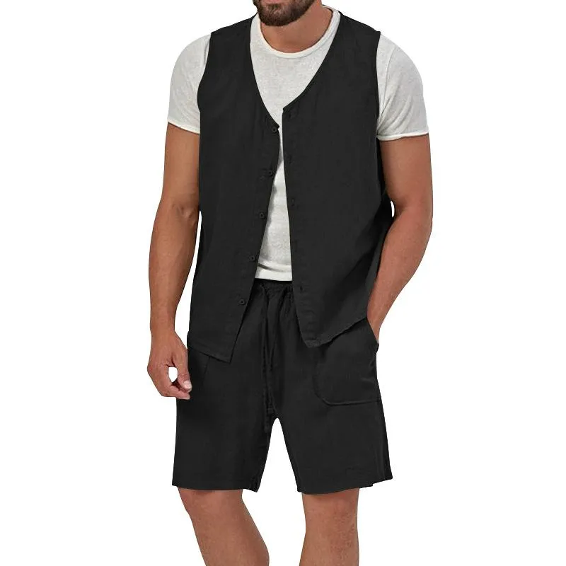 Men's Casual Loose Solid Color Sleeveless Vest Shorts Set 61445702X