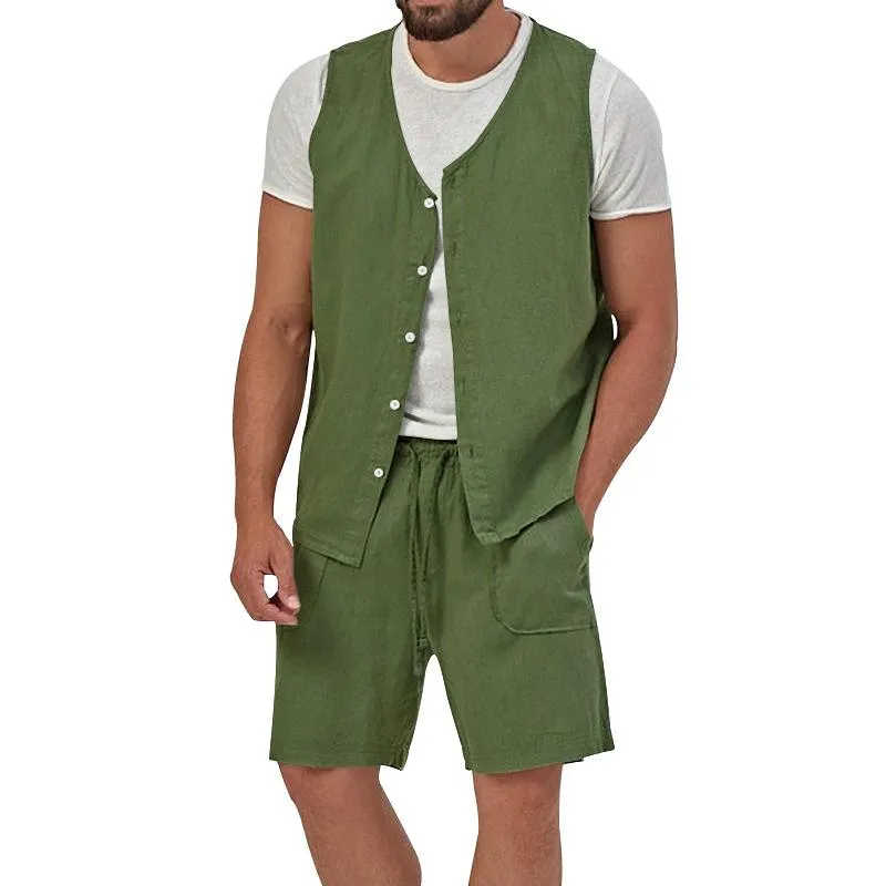 Men's Casual Loose Solid Color Sleeveless Vest Shorts Set 61445702X