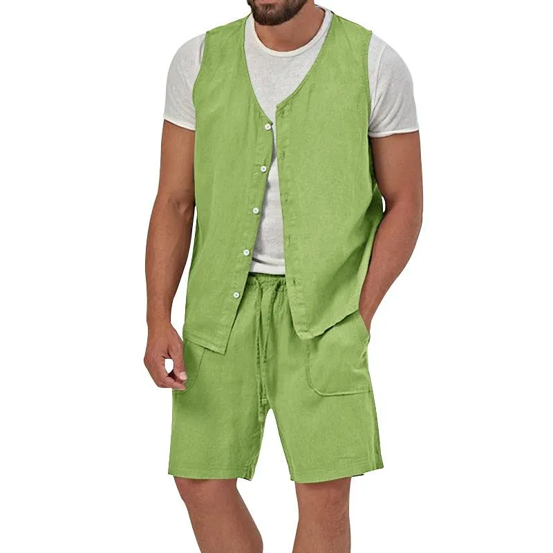 Men's Casual Loose Solid Color Sleeveless Vest Shorts Set 61445702X