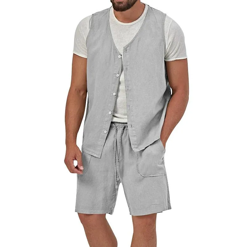 Men's Casual Loose Solid Color Sleeveless Vest Shorts Set 61445702X