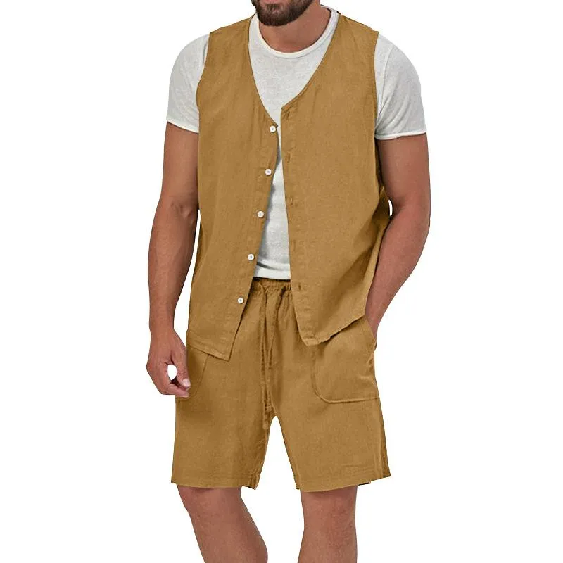 Men's Casual Loose Solid Color Sleeveless Vest Shorts Set 61445702X