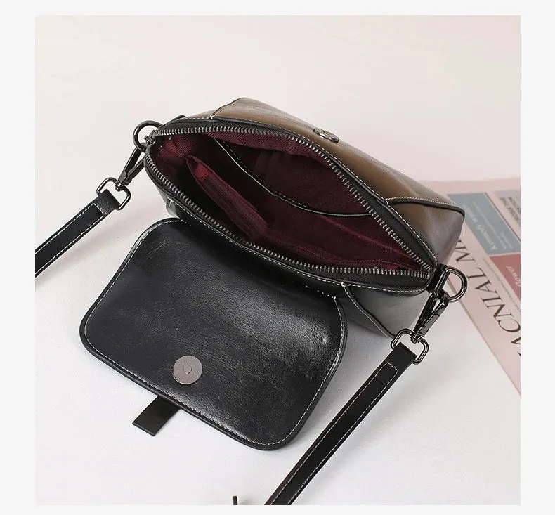 Oil Wax Cowhide Leather Cross Body Versatile Shoulder Shell Hand Bag