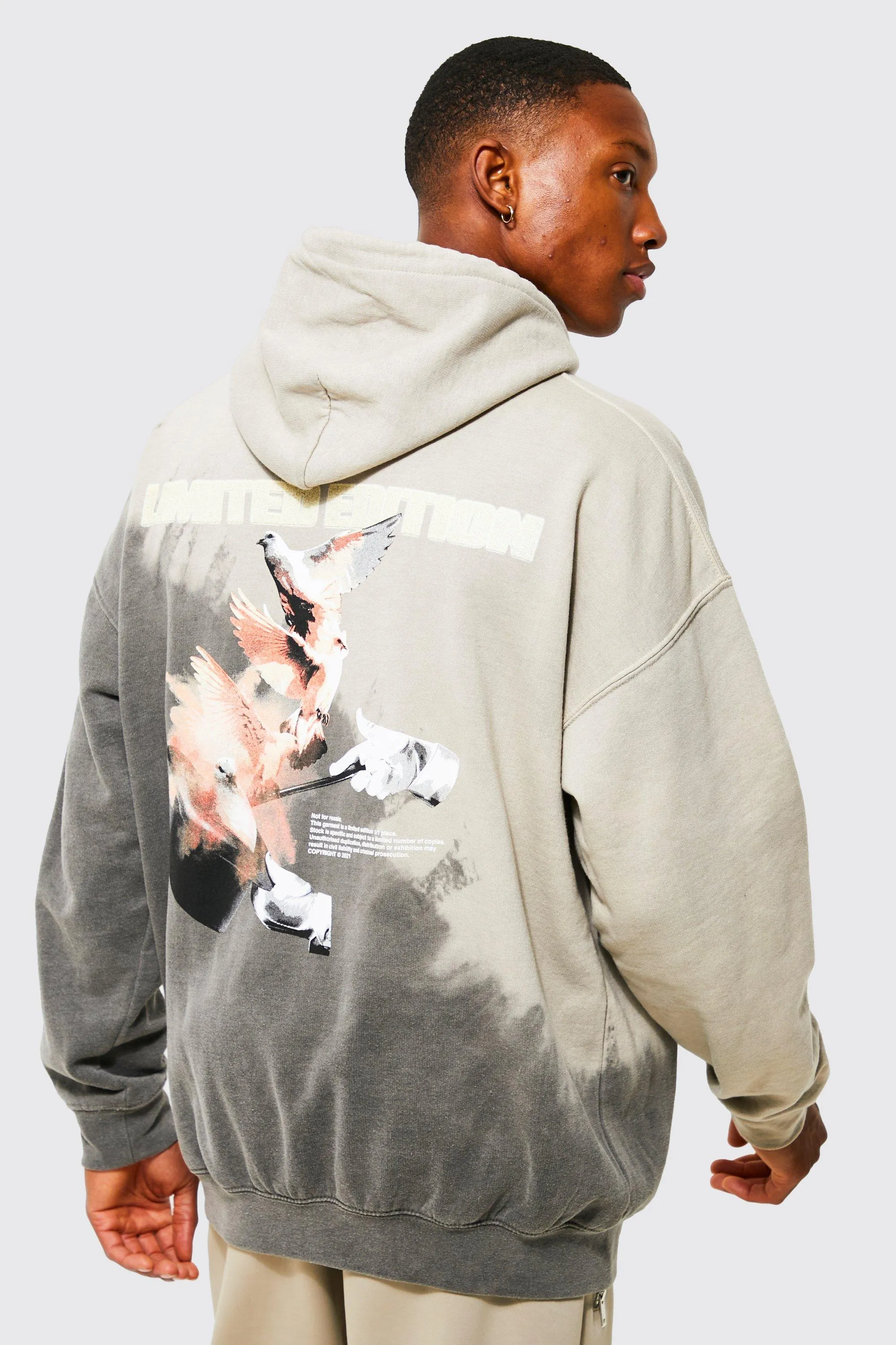 Oversized Bleach Tie Dye Dove Graphic Hoodie | boohooMAN UK