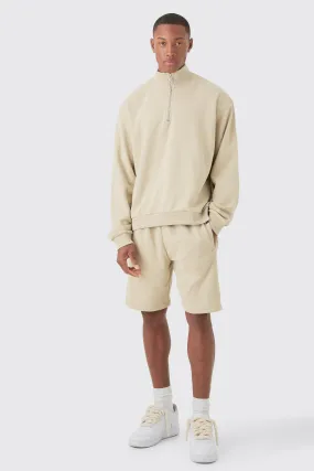 Oversized Boxy 1/4 Zip Sweatshirt Loopback Short Tracksuit | boohooMAN UK