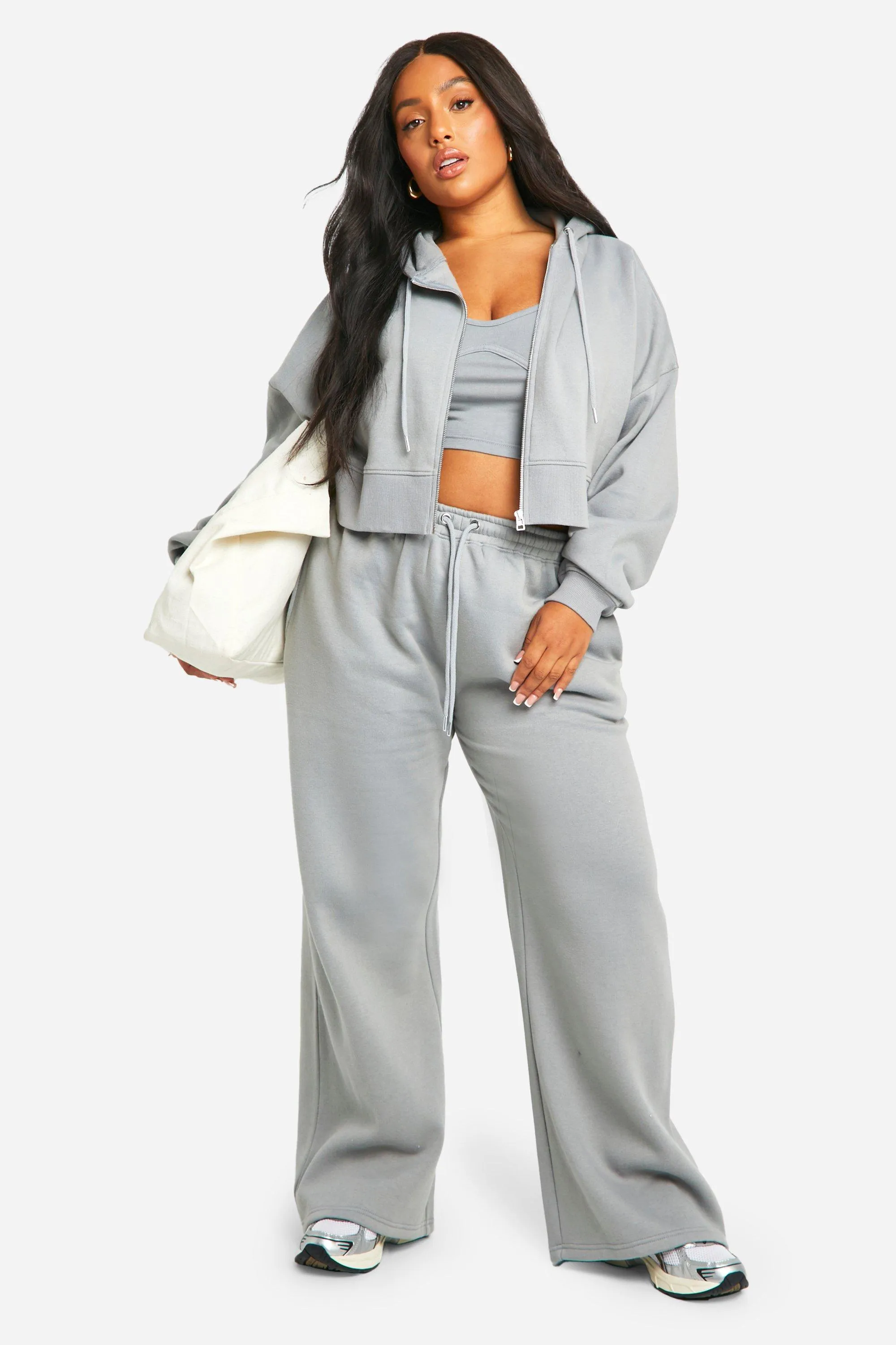 Plus Seam Detail Crop Top 3 Piece Hooded Tracksuit