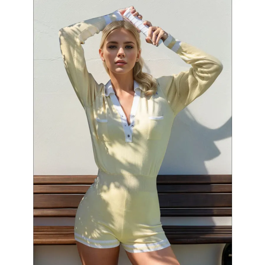 Pocketed Contrast Long Sleeve Romper