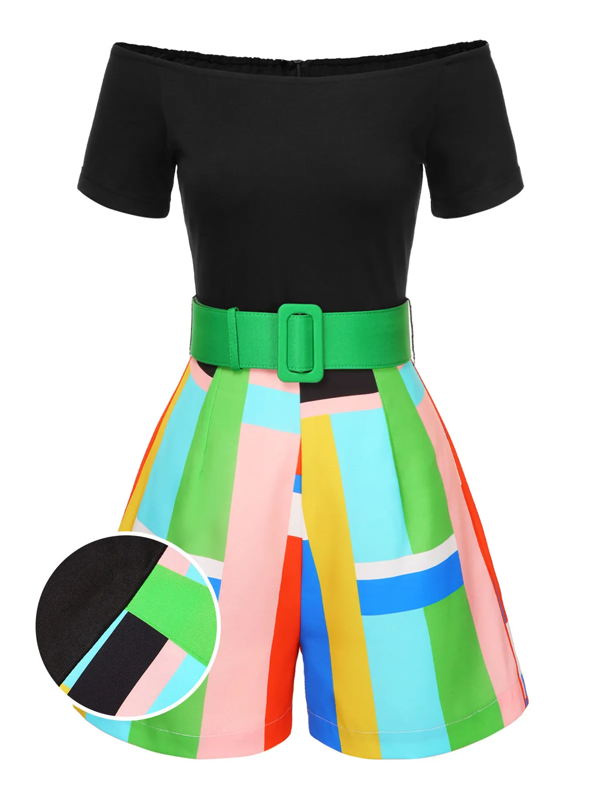 [Pre-Sale] 1980s Off-Shoulder Geometric Colorblock Belted Romper