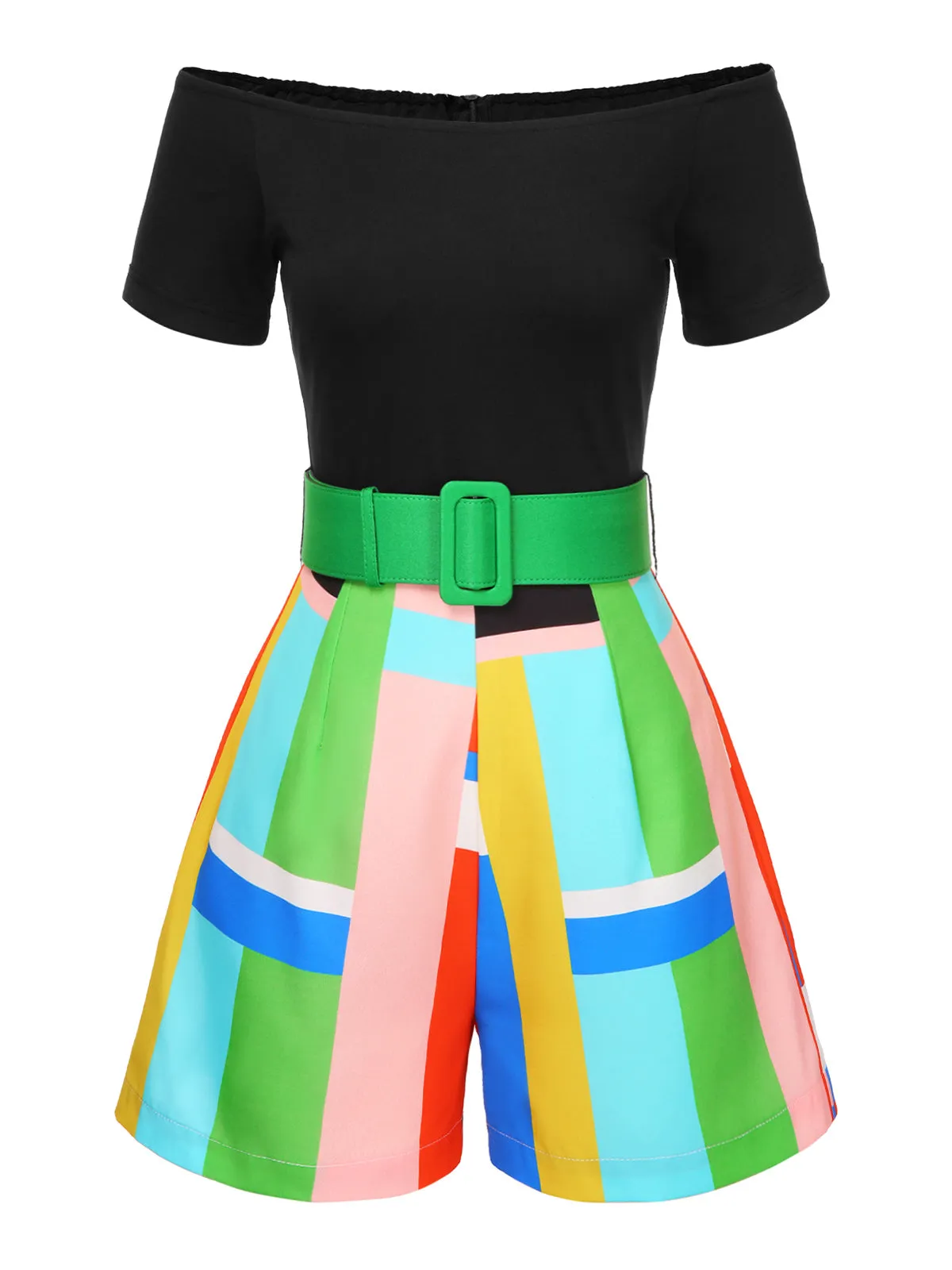 [Pre-Sale] 1980s Off-Shoulder Geometric Colorblock Belted Romper