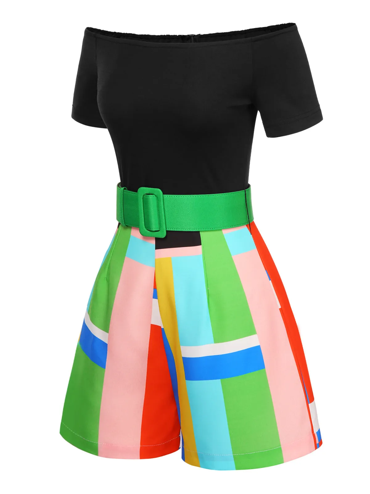 [Pre-Sale] 1980s Off-Shoulder Geometric Colorblock Belted Romper