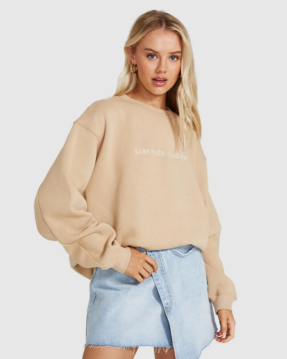 Subtitled Oversized Origin Fleece Crew Jumper Camel