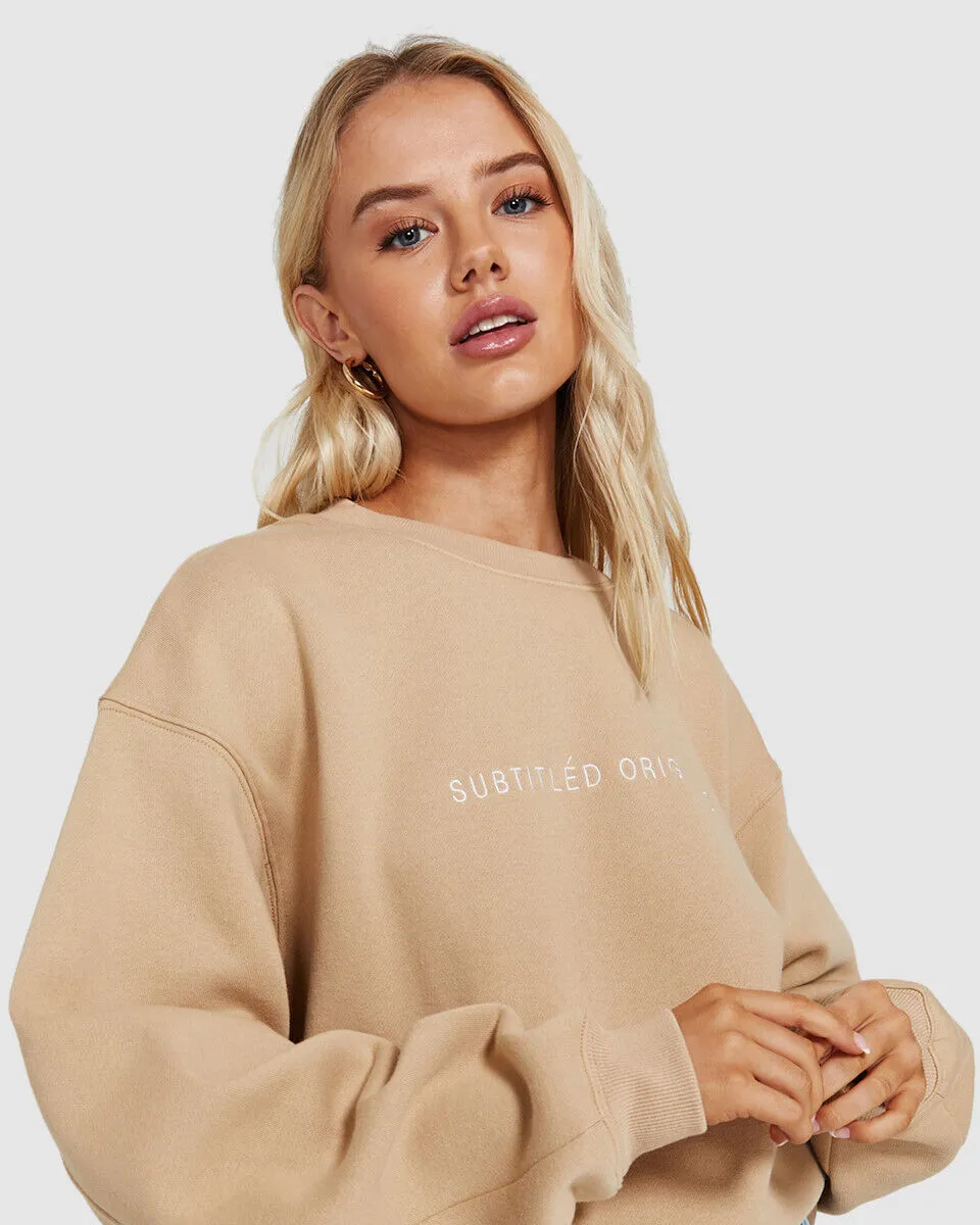 Subtitled Oversized Origin Fleece Crew Jumper Camel