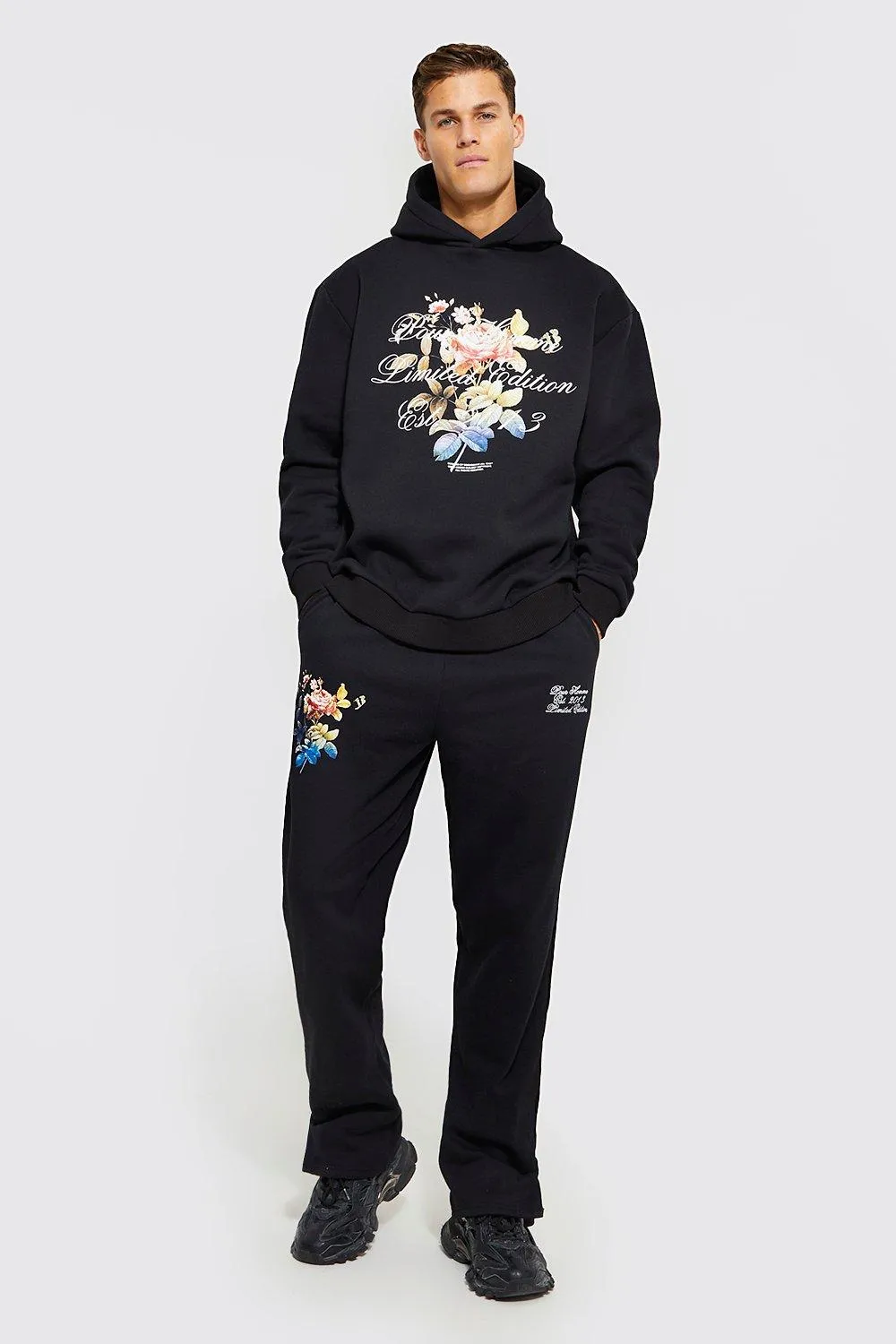 Tall Floral Print Split Hem Hooded Tracksuit | boohooMAN UK