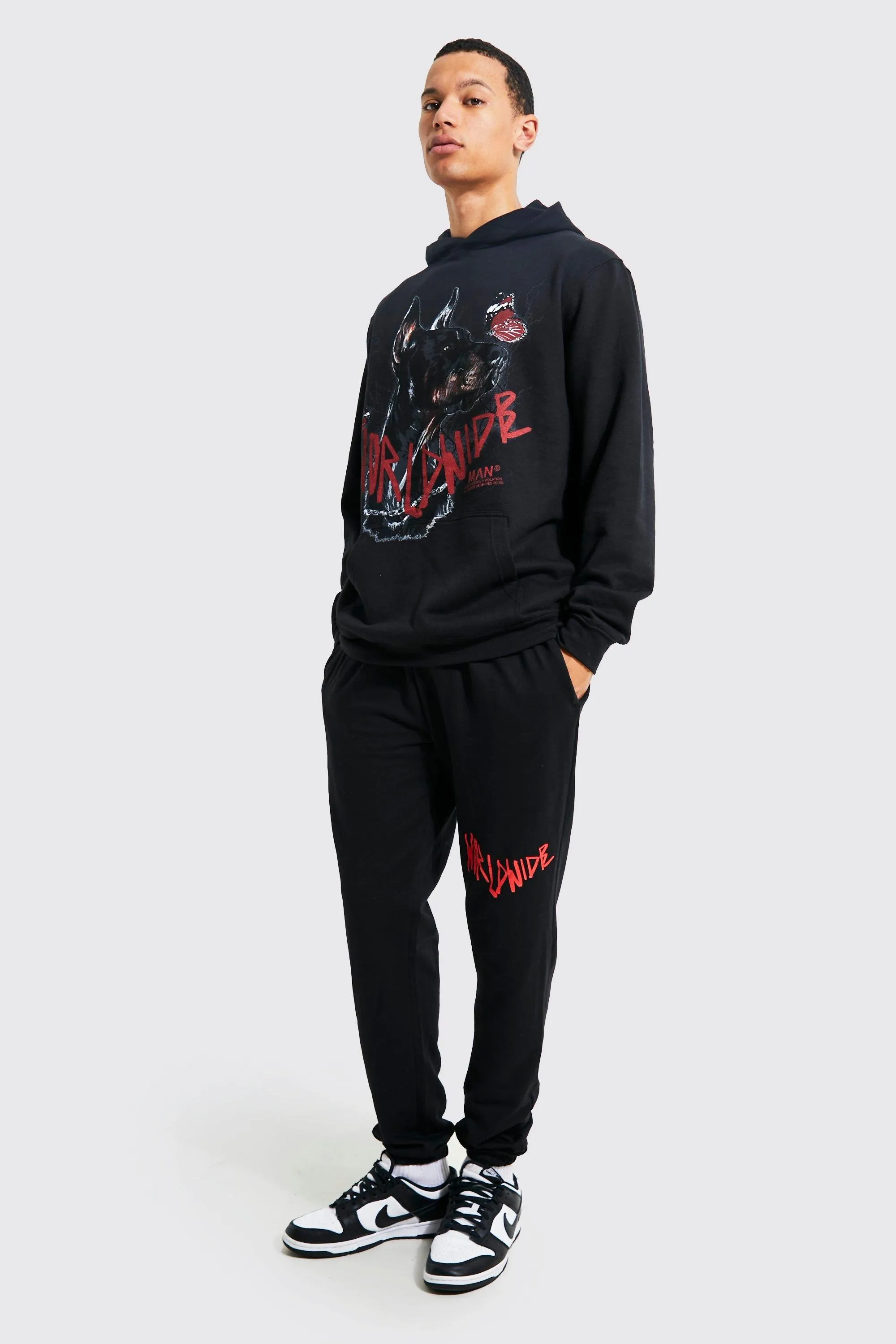 Tall Worldwide Dog Graphic Hooded Tracksuit | boohooMAN UK