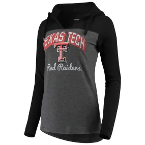 Texas Tech Red Raiders Women's Charcoal Knockout Color Block Long Sleeve V-Neck Hoodie T-Shirt