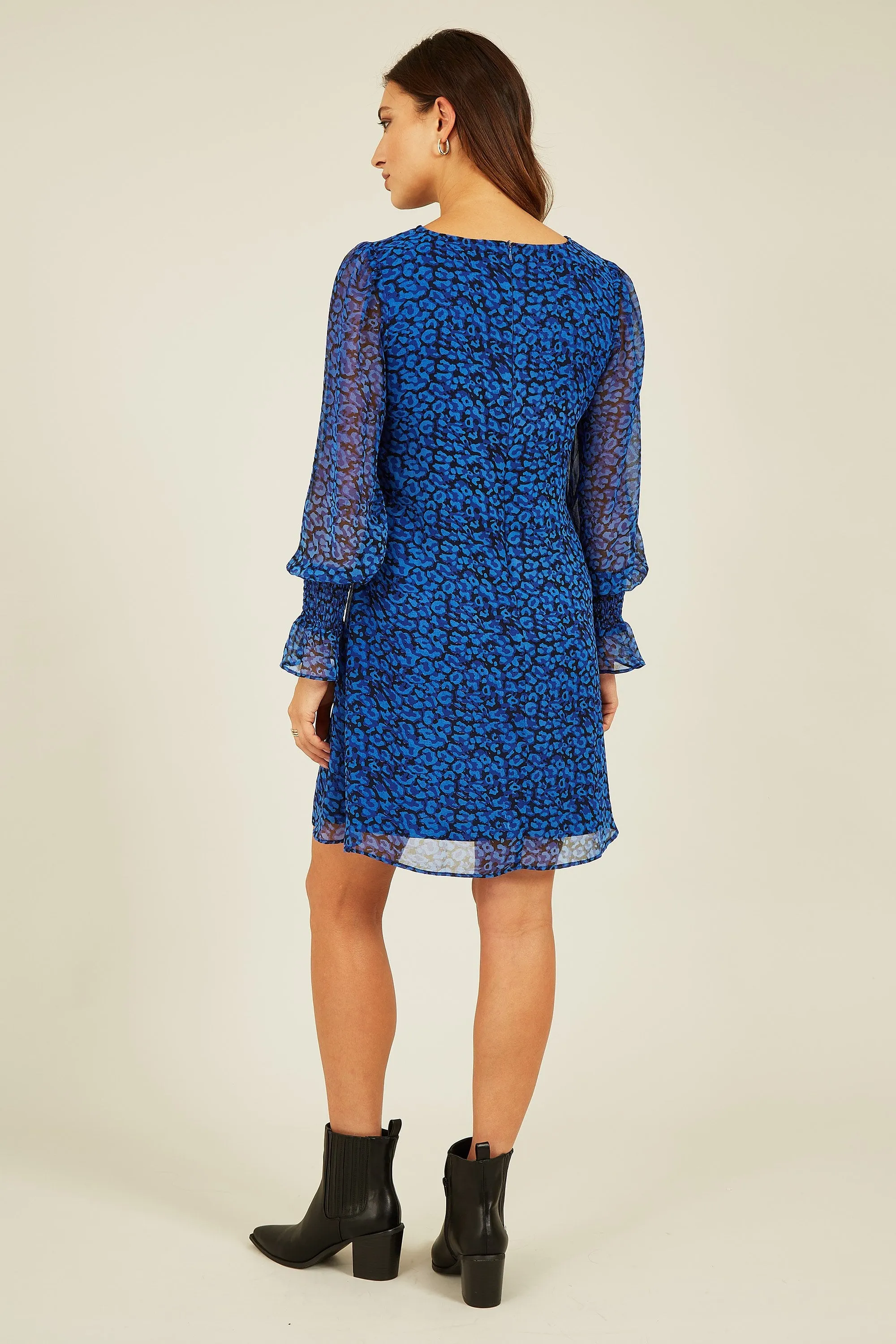 Yumi Blue Recycled Animal Print Long Sleeve Tunic Dress