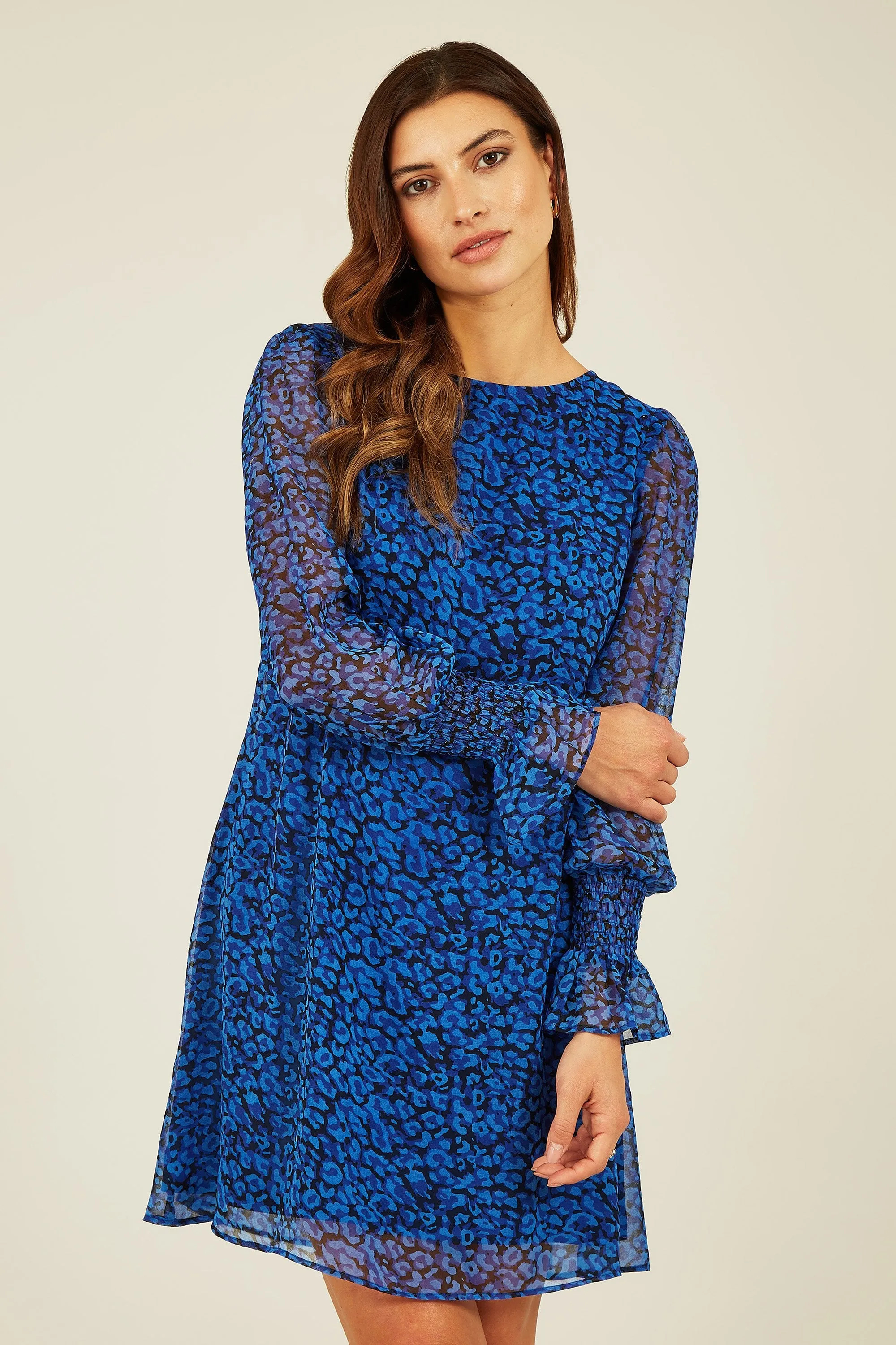 Yumi Blue Recycled Animal Print Long Sleeve Tunic Dress